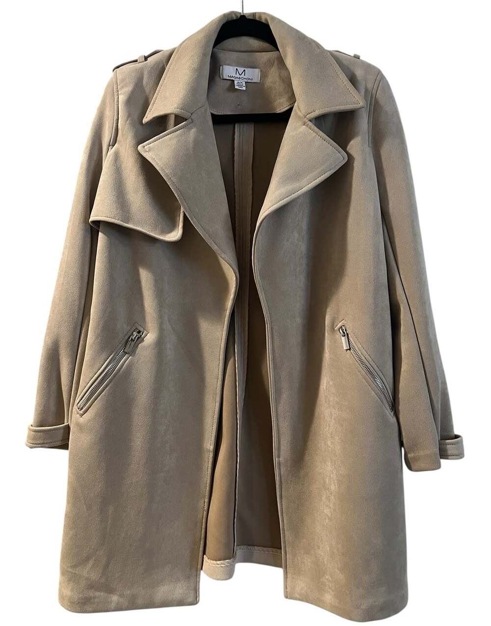 Magaschoni Beige Faux Leather Suede Like Minimalist Chic Casual Trench Coat- M